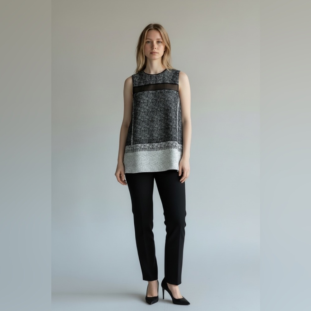 LAFAYETTE 148 SILK WOOL BLEND STUNNING SILVER GRAY BLACK SLEEVELESS TOP EUC (10)